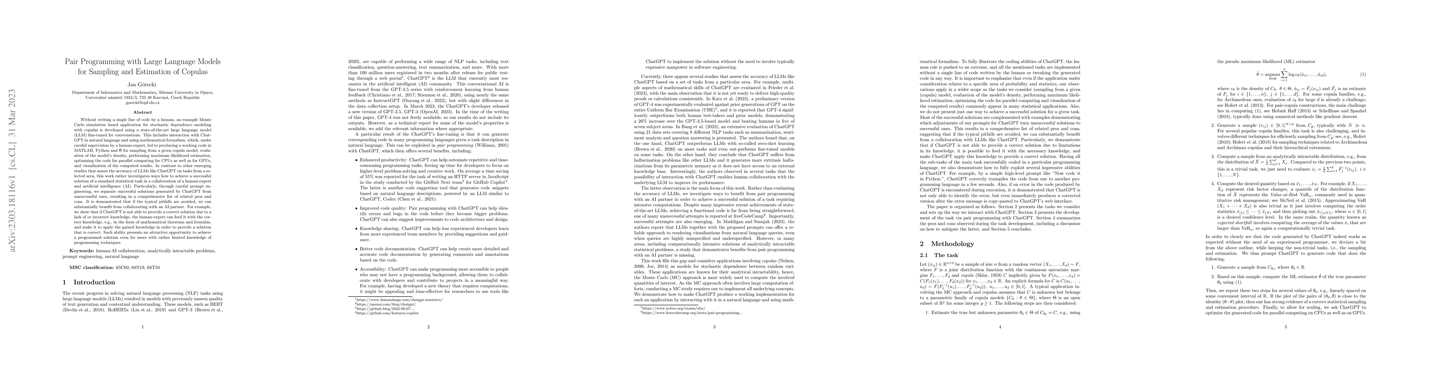 Thumbnail for Pair Programming with Large Language Models for Sampling and Estimation
  of Copulas