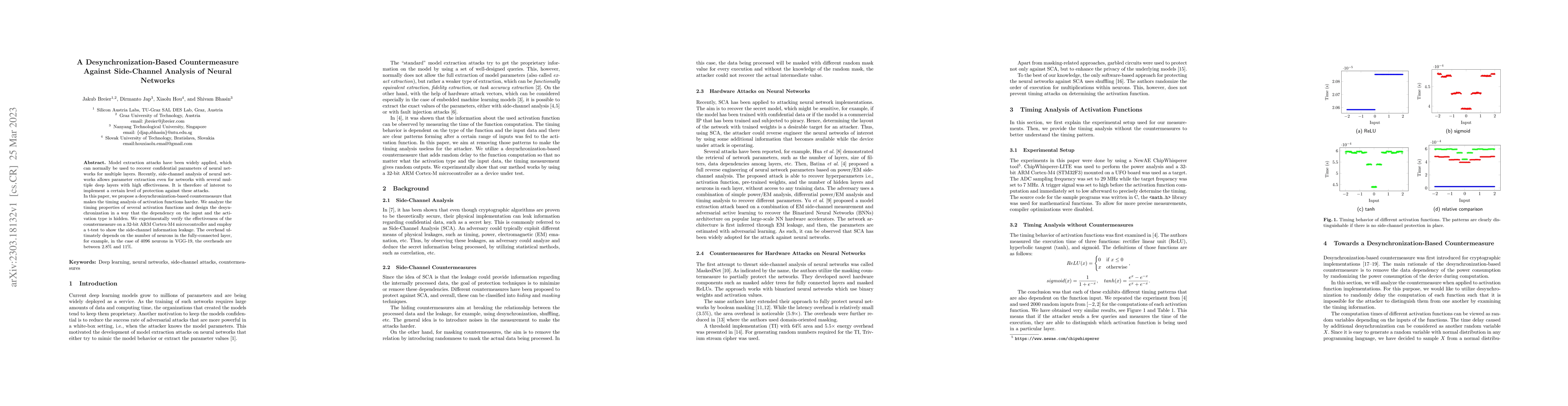 Thumbnail for A Desynchronization-Based Countermeasure Against Side-Channel Analysis
  of Neural Networks
