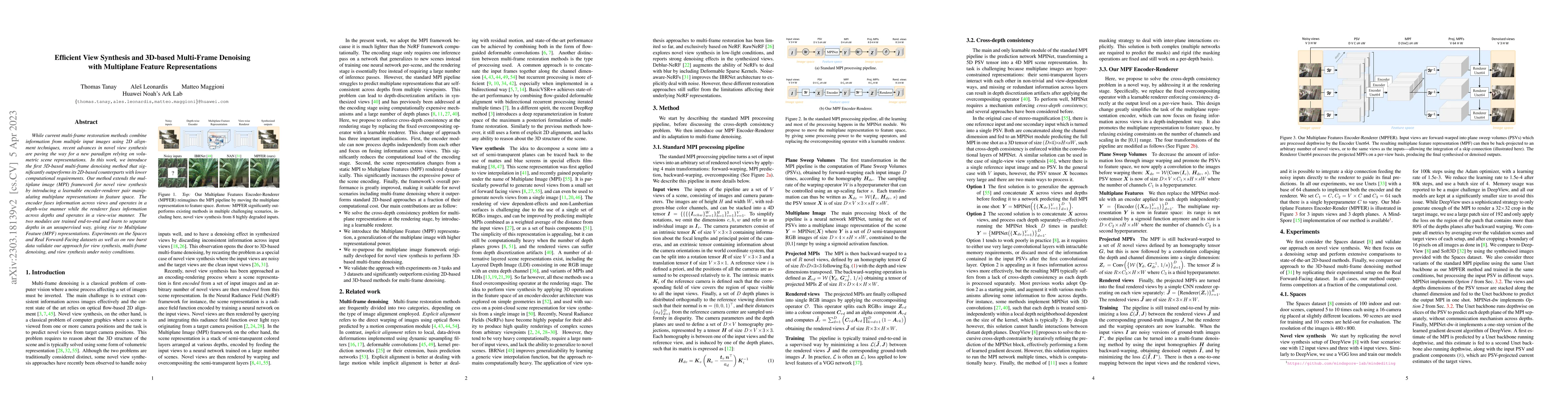 Thumbnail for Efficient View Synthesis and 3D-based Multi-Frame Denoising with
  Multiplane Feature Representations
