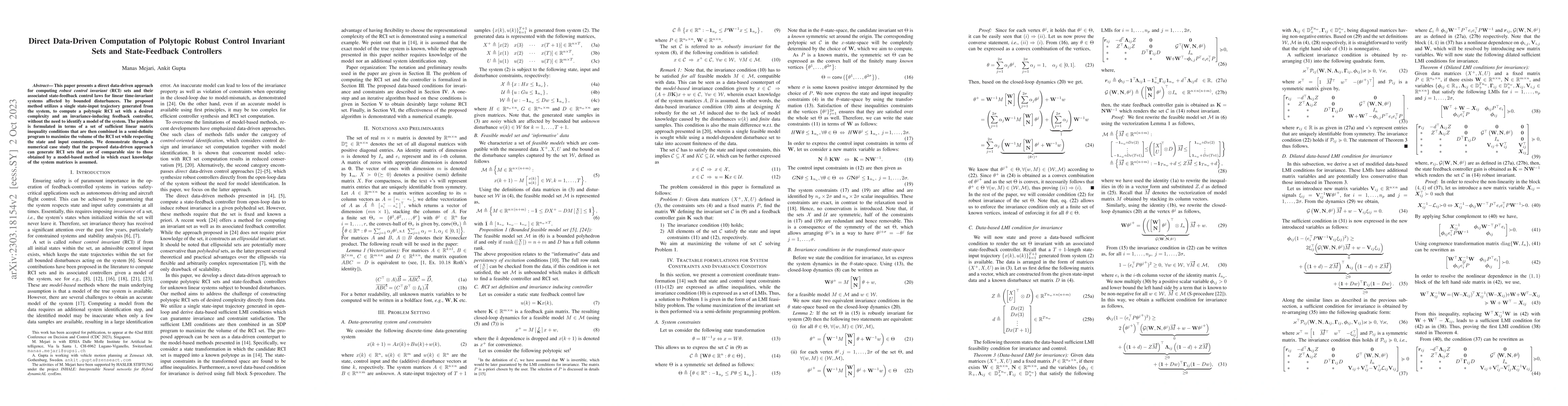 Thumbnail for Direct Data-Driven Computation of Polytopic Robust Control Invariant
  Sets and State-Feedback Controllers