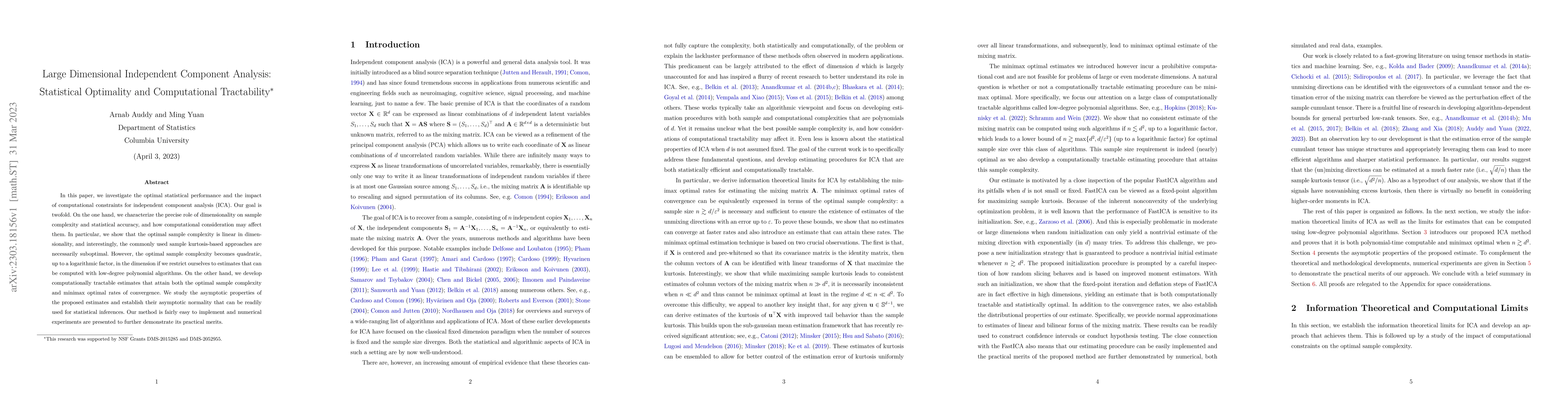 Thumbnail for Large Dimensional Independent Component Analysis: Statistical Optimality
  and Computational Tractability