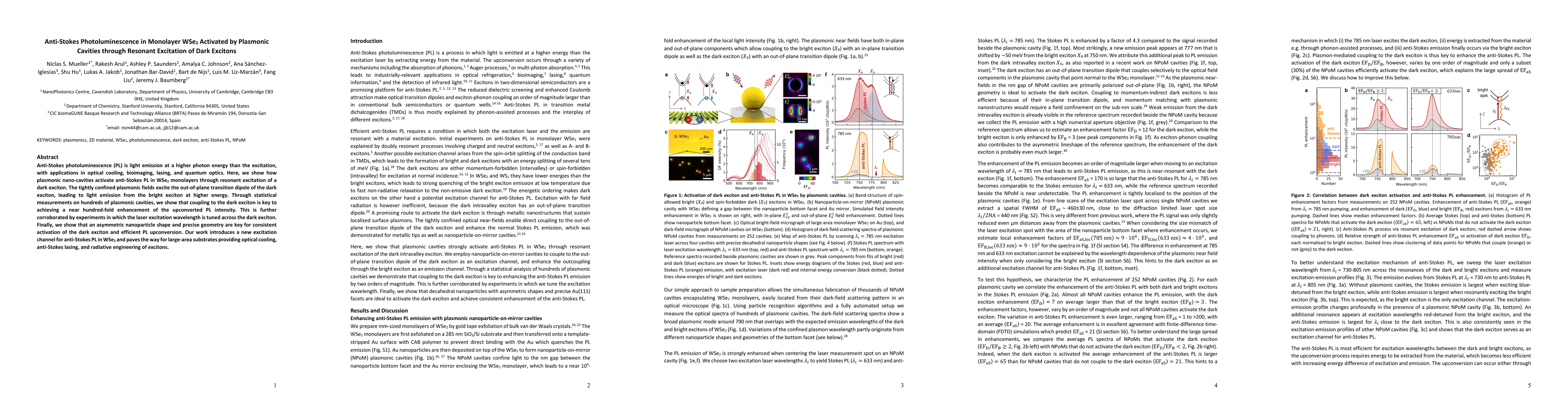 Thumbnail for Anti-Stokes Photoluminescence in Monolayer WSe$_2$ Activated by
  Plasmonic Cavities through Resonant Excitation of Dark Excitons