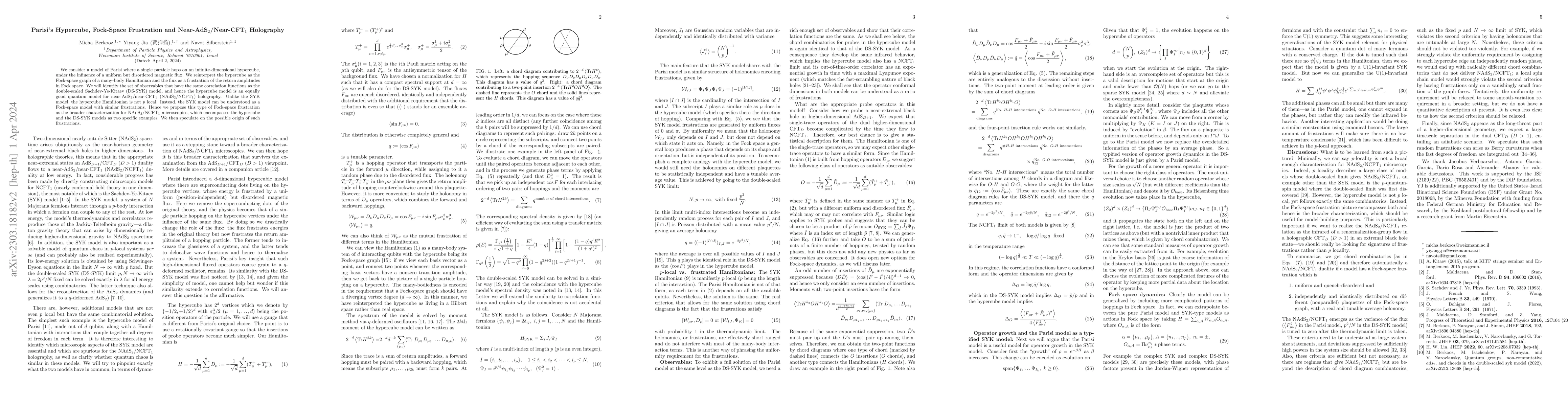 Thumbnail for Parisi's hypercube, Fock-space frustration and near-AdS$_2$/near-CFT$_1$
  holography