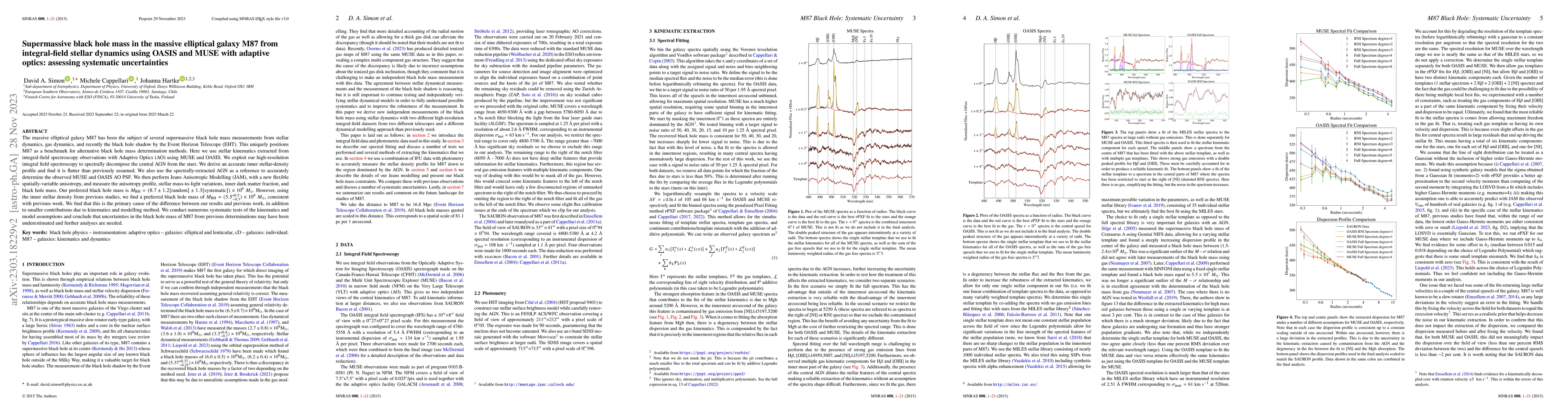 Thumbnail for Supermassive black hole mass in the massive elliptical galaxy M87 from
  integral-field stellar dynamics using OASIS and MUSE with adaptive optics:
  assessing systematic uncertainties