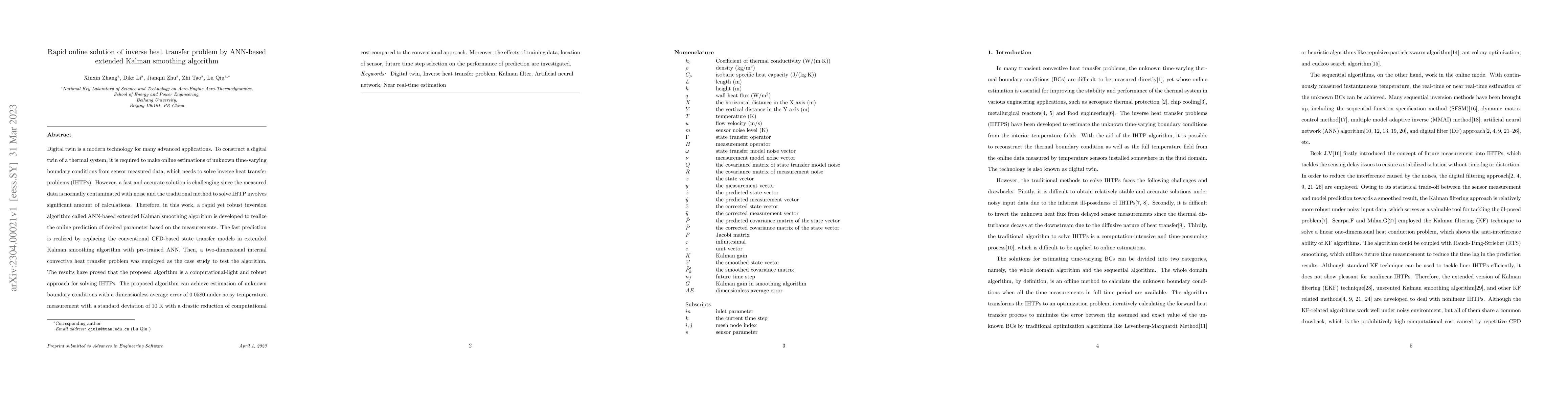 Thumbnail for Rapid online solution of inverse heat transfer problem by ANN-based
  extended Kalman smoothing algorithm