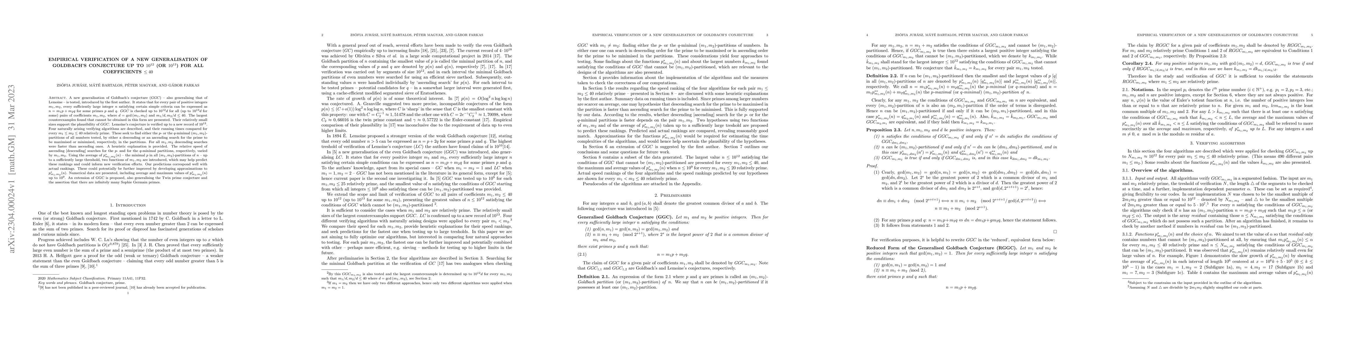 Thumbnail for Empirical verification of a new generalisation of Goldbach's conjecture
  up to $10^{12}$ (or $10^{13}$) for all coefficients $\leq 40$