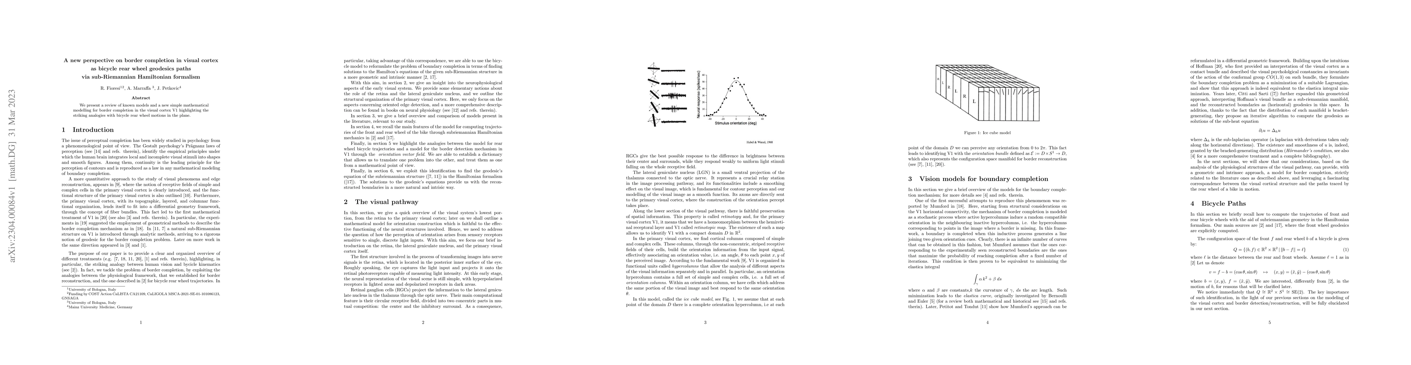 Thumbnail for A new perspective on border completion in visual cortex as bicycle rear
  wheel geodesics paths via sub-Riemannian Hamiltonian formalism