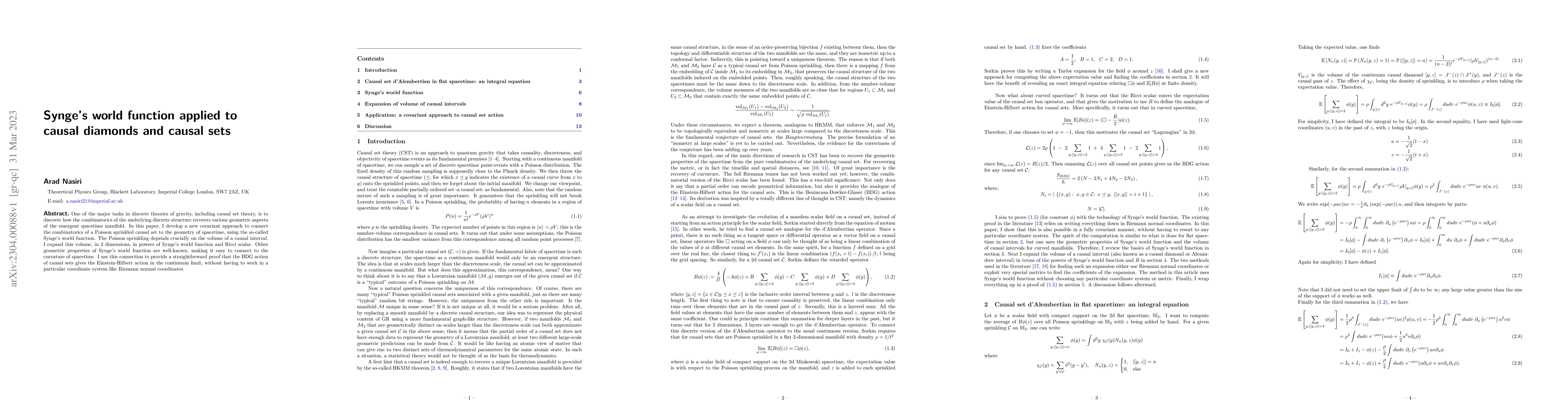 Thumbnail for Synge's world function applied to causal diamonds and causal sets