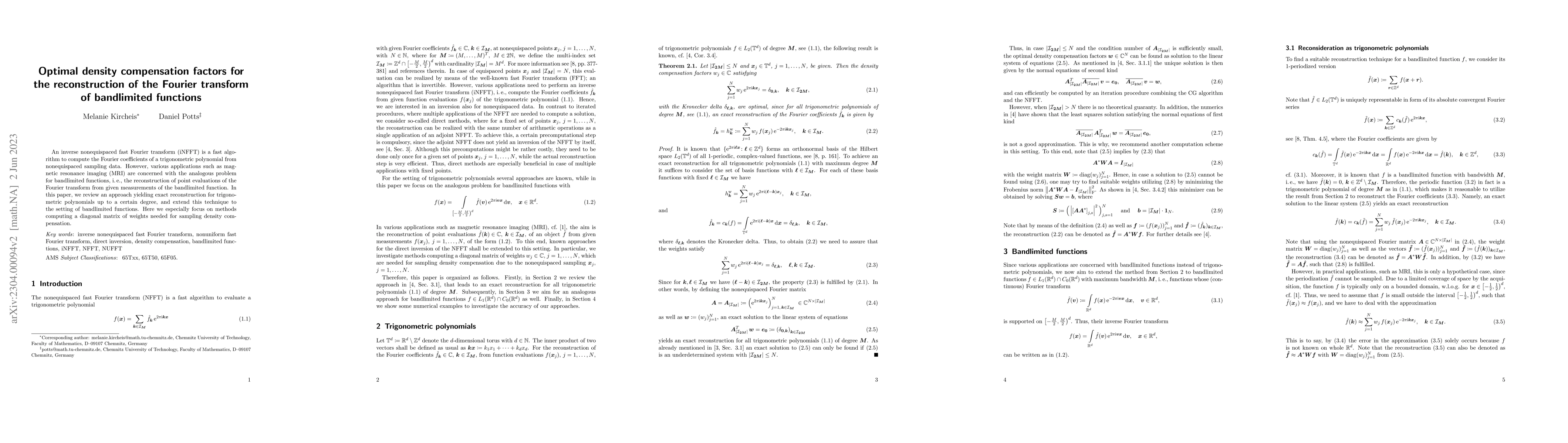 Thumbnail for Optimal density compensation factors for the reconstruction of the
  Fourier transform of bandlimited functions