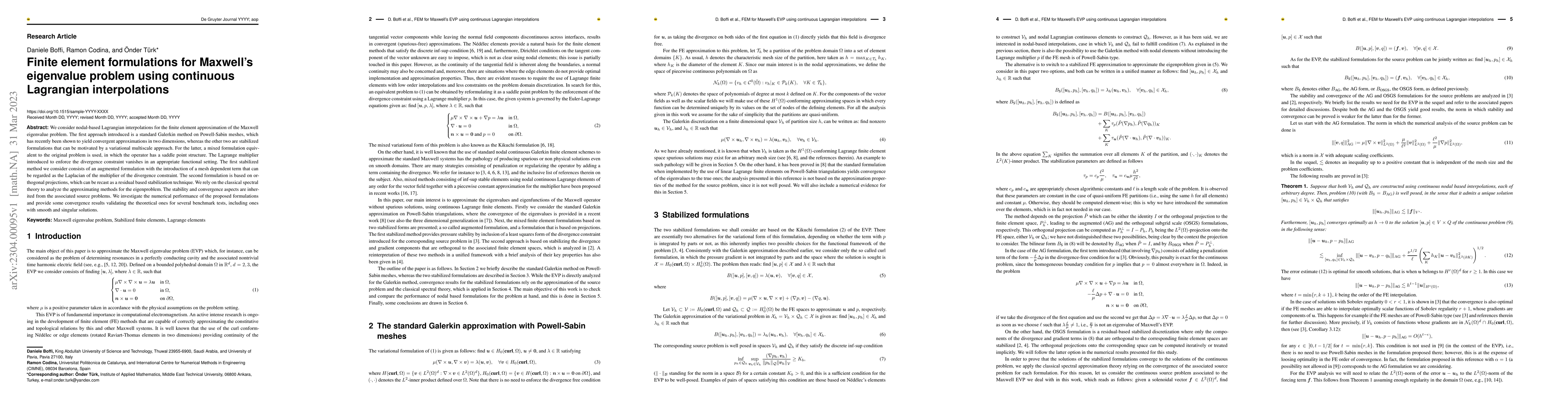 Thumbnail for Finite element formulations for Maxwell's eigenvalue problem using
  continuous Lagrangian interpolations