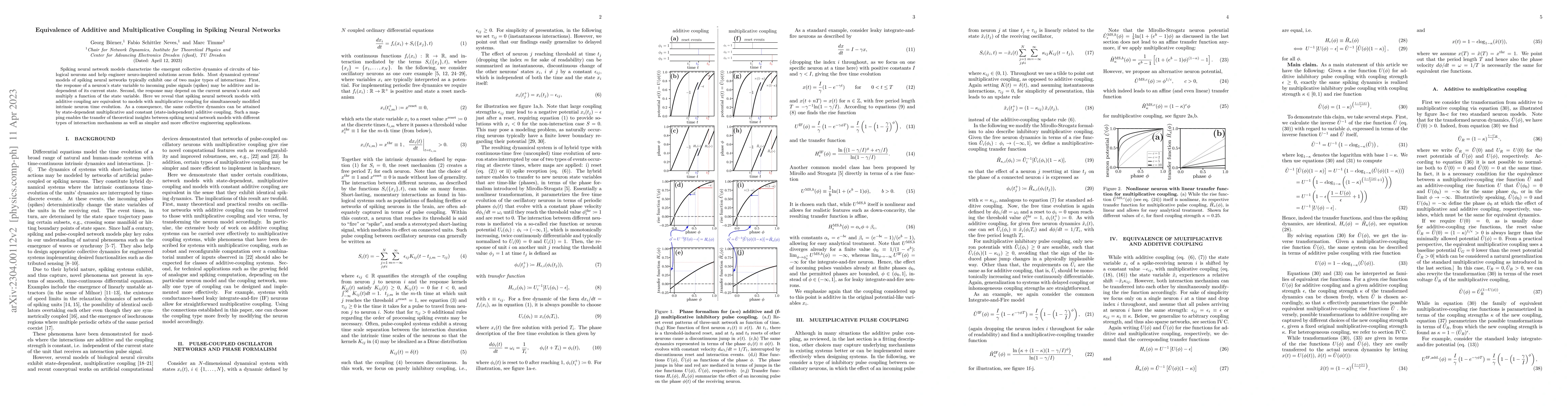 Thumbnail for Equivalence of Additive and Multiplicative Coupling in Spiking Neural
  Networks