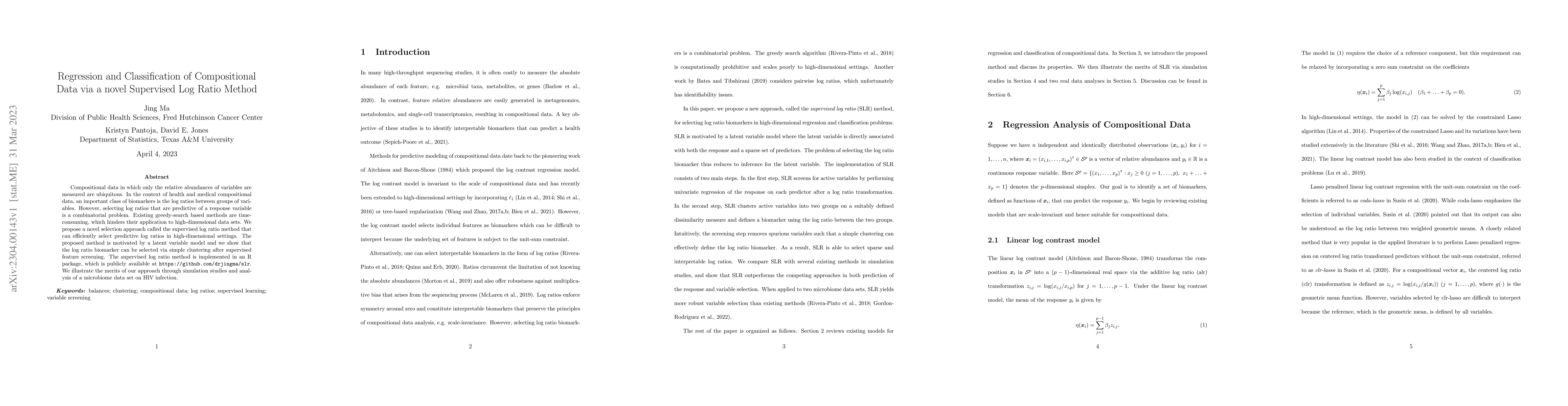 Thumbnail for Regression and Classification of Compositional Data via a novel
  Supervised Log Ratio Method
