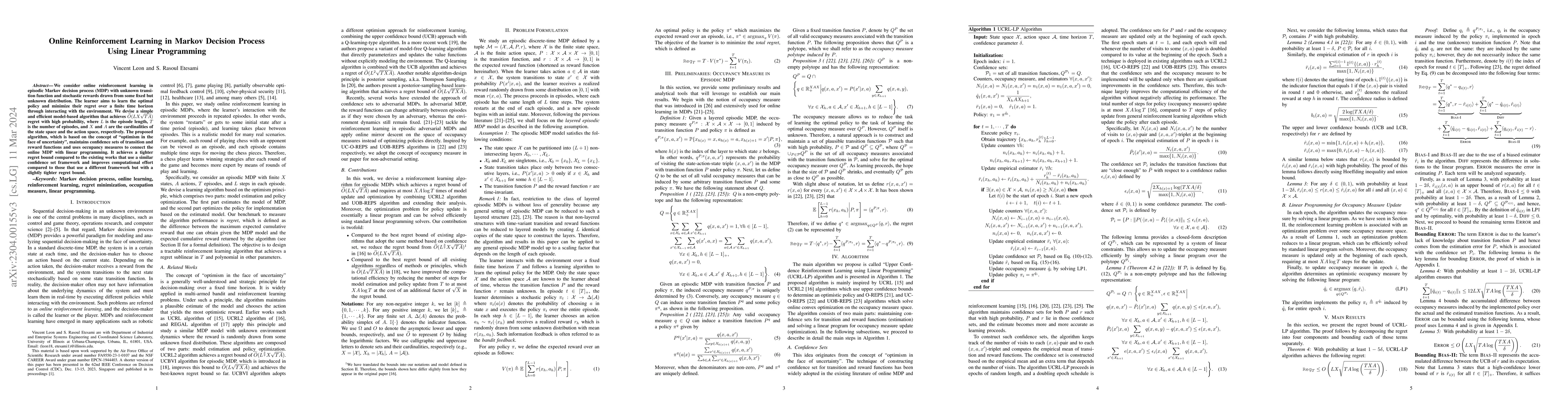 Thumbnail for Online Reinforcement Learning in Markov Decision Process Using Linear
  Programming