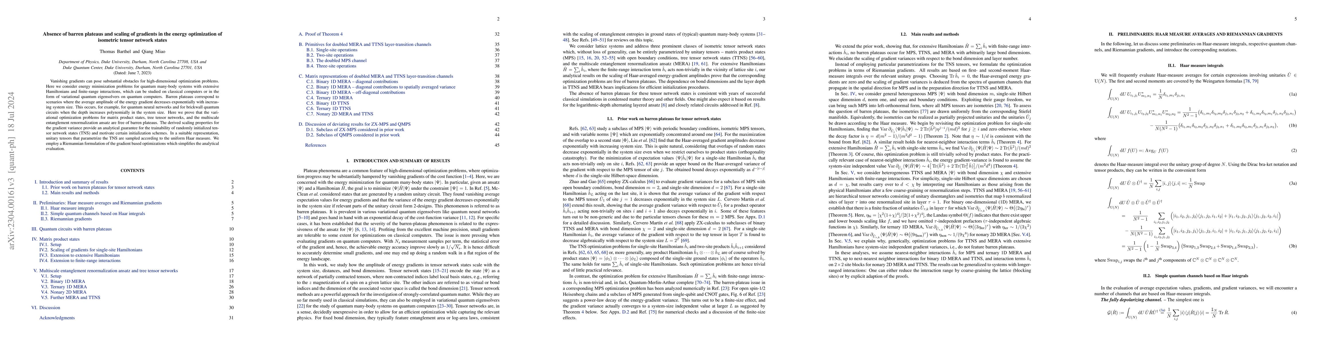 Thumbnail for Absence of barren plateaus and scaling of gradients in the energy
  optimization of isometric tensor network states