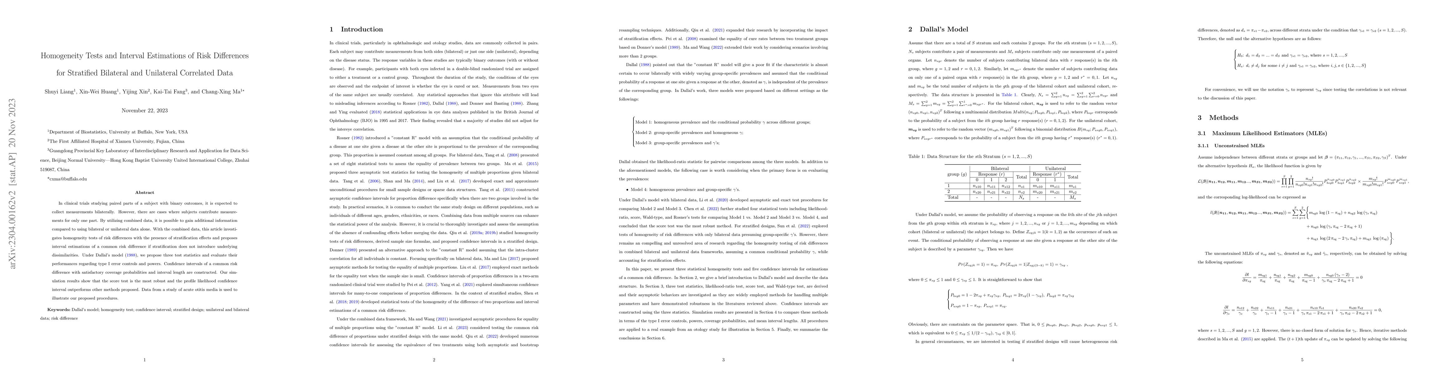 Thumbnail for Homogeneity Tests and Interval Estimations of Risk Differences for
  Stratified Bilateral and Unilateral Correlated Data