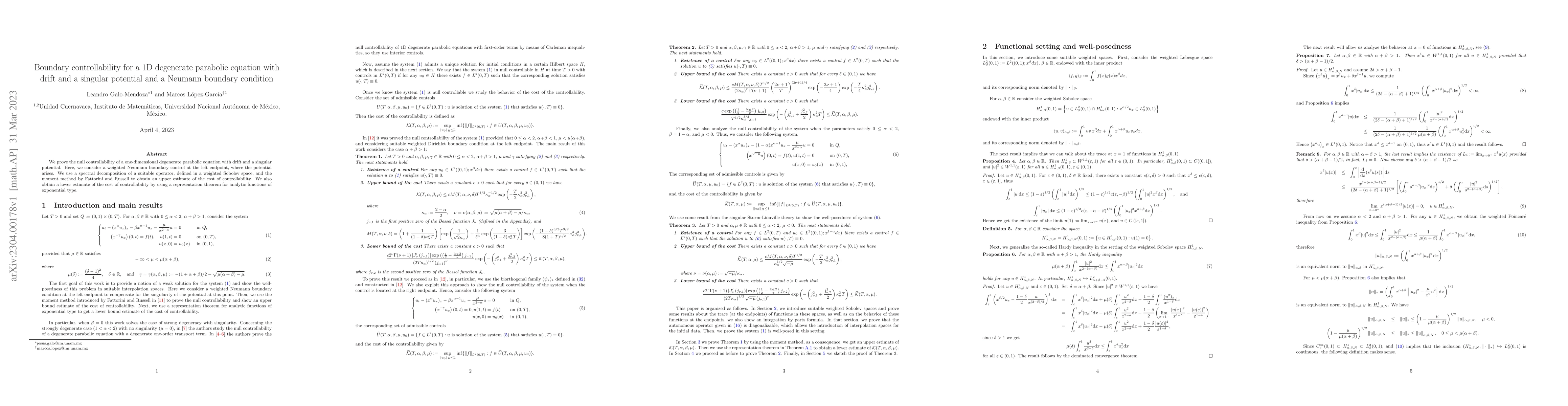 Thumbnail for Boundary controllability for a 1D degenerate parabolic equation with
  drift and a singular potential and a Neumann boundary condition