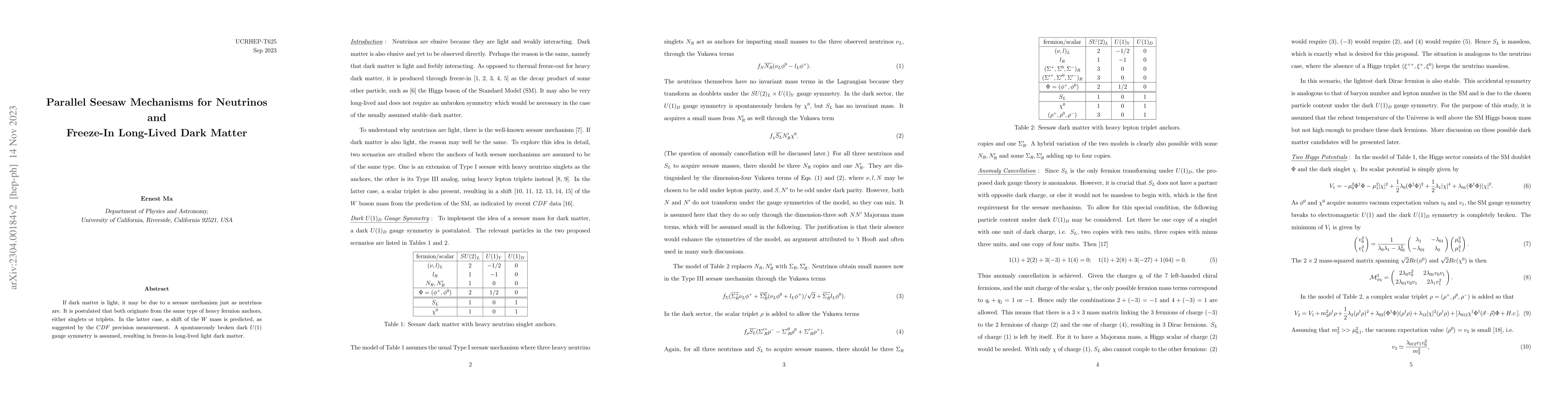 Thumbnail for Parallel Seesaw Mechanisms for Neutrinos and Freeze-In Long-Lived Dark
  Matter