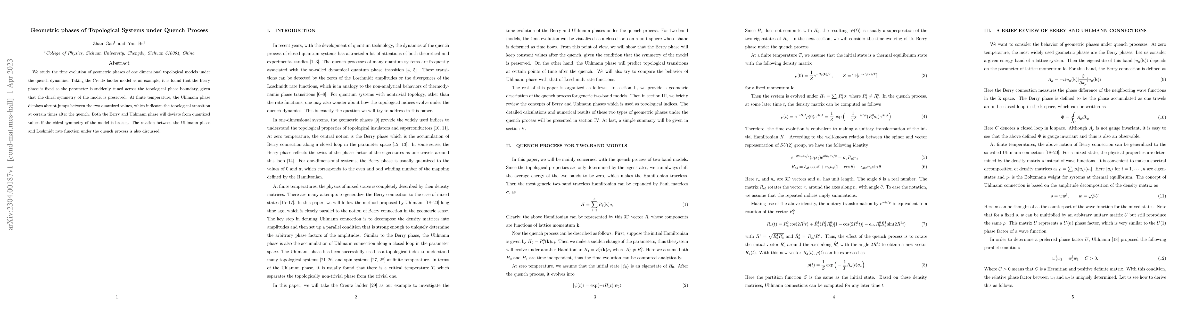 Thumbnail for Geometric phases of Topological Systems under Quench Process