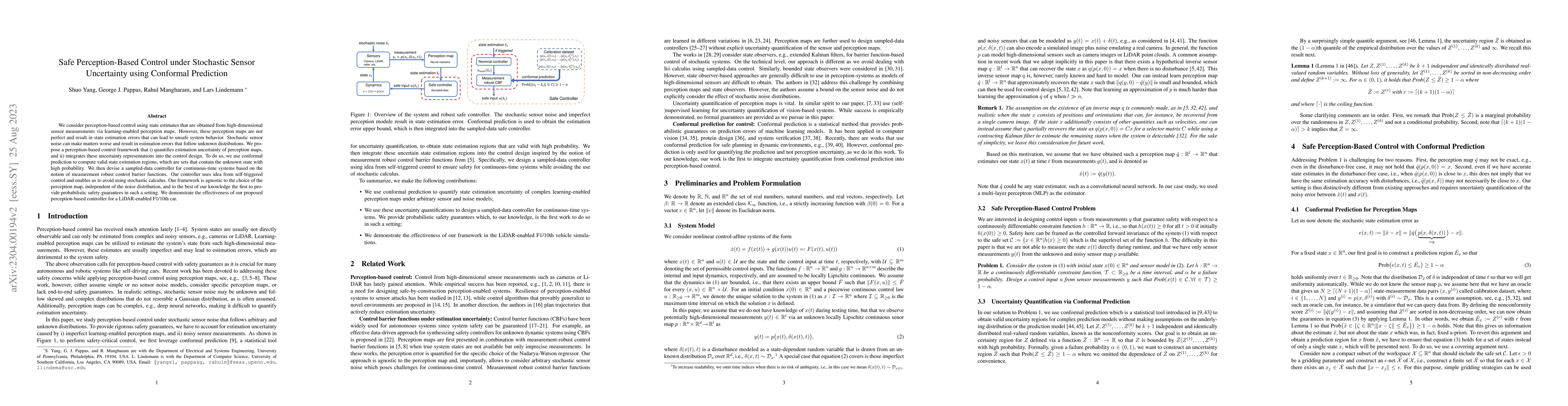 Thumbnail for Safe Perception-Based Control under Stochastic Sensor Uncertainty using
  Conformal Prediction