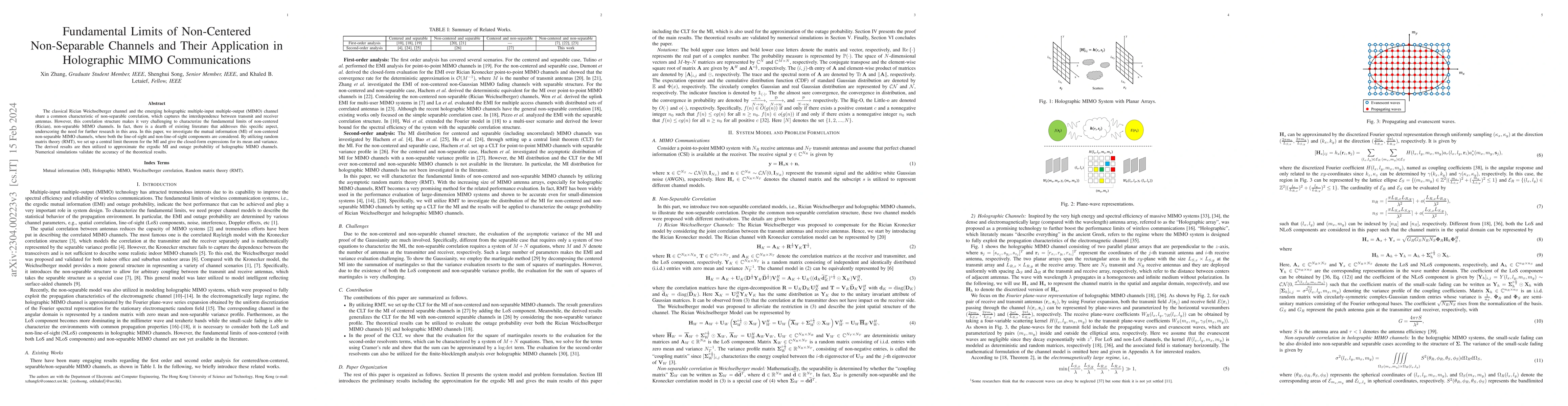 Thumbnail for Fundamental Limits of Non-Centered Non-Separable Channels and Their
  Application in Holographic MIMO Communications