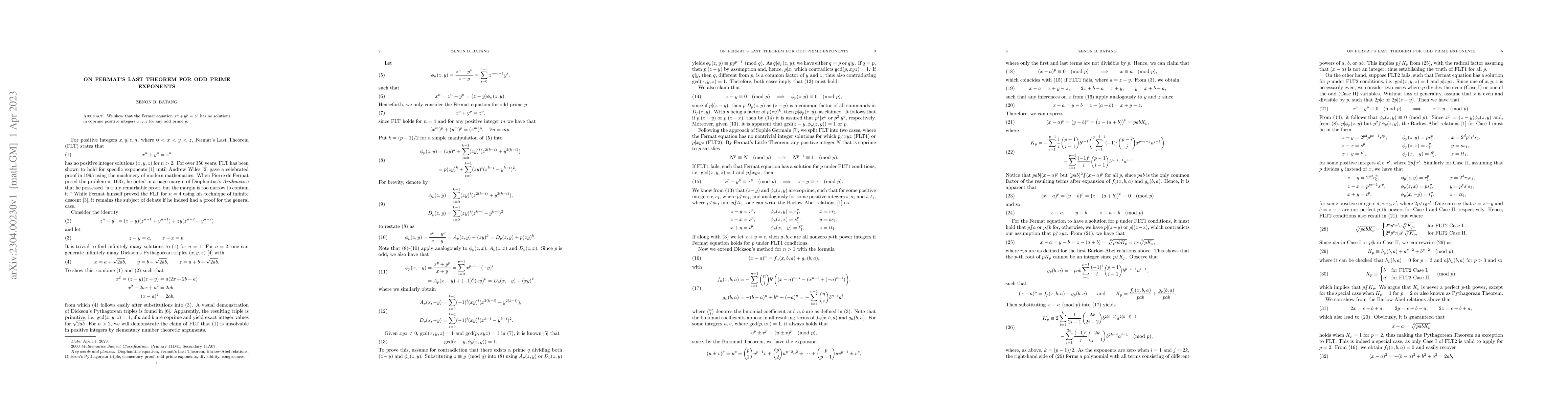 Thumbnail for On Fermat's Last Theorem for odd prime exponents