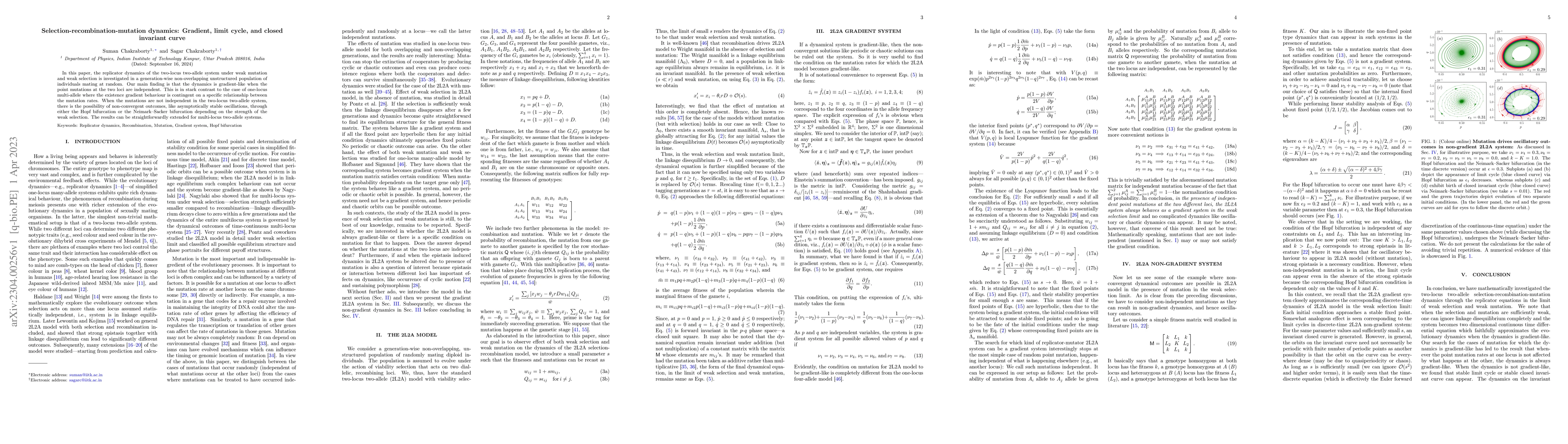 Thumbnail for Selection-recombination-mutation dynamics: Gradient, limit cycle, and
  closed invariant curve