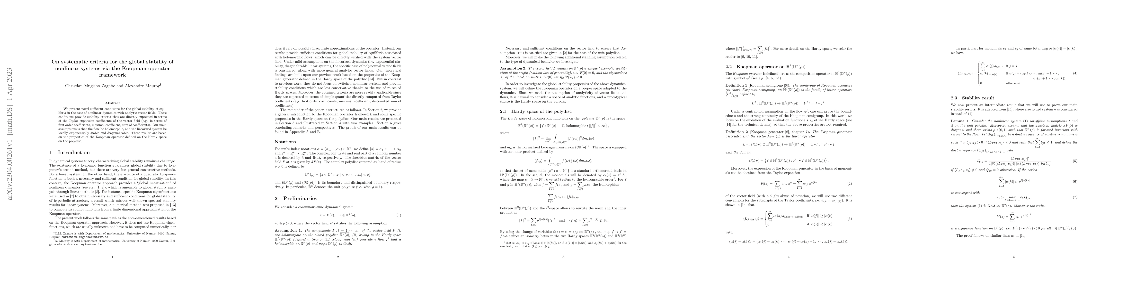 Thumbnail for On systematic criteria for the global stability of nonlinear systems via
  the Koopman operator framework