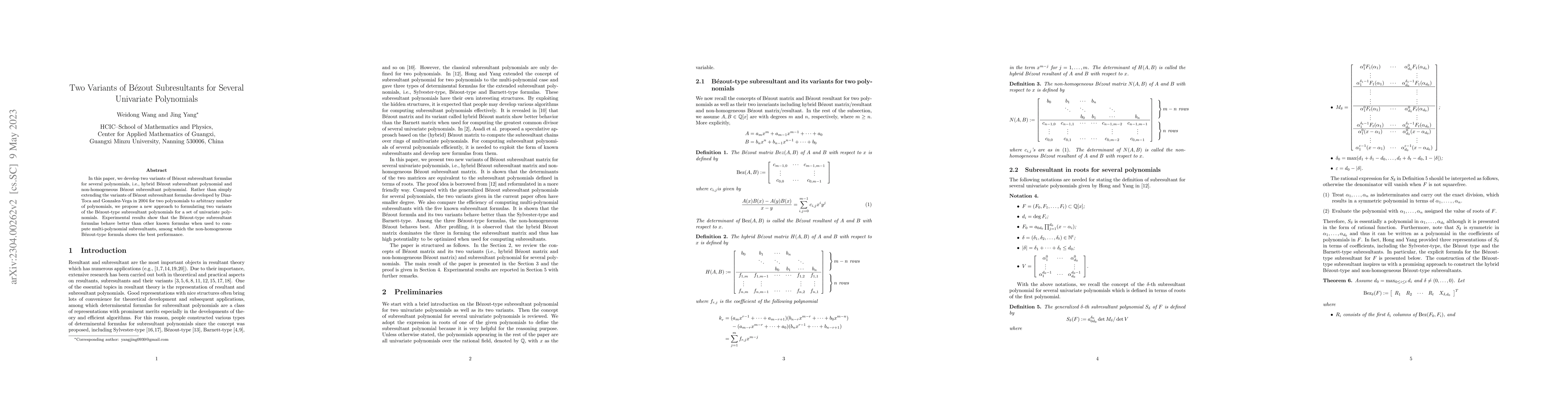 Thumbnail for Two Variants of Bezout Subresultants for Several Univariate Polynomials