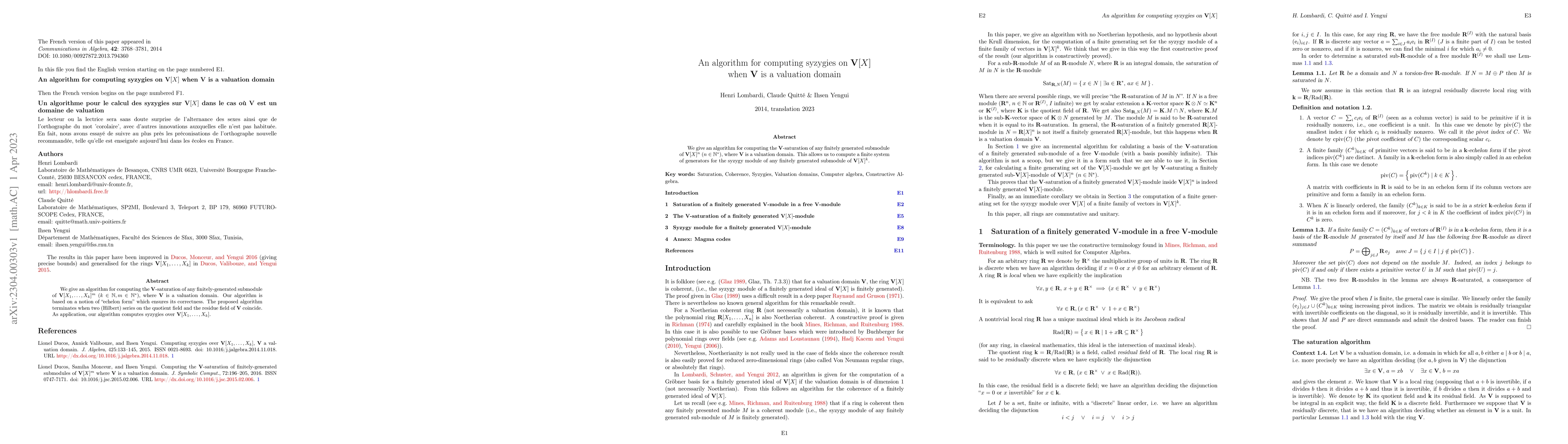Thumbnail for An algorithm for computing syzygies on $V[X]$ when $V$ is a valuation
  domain
