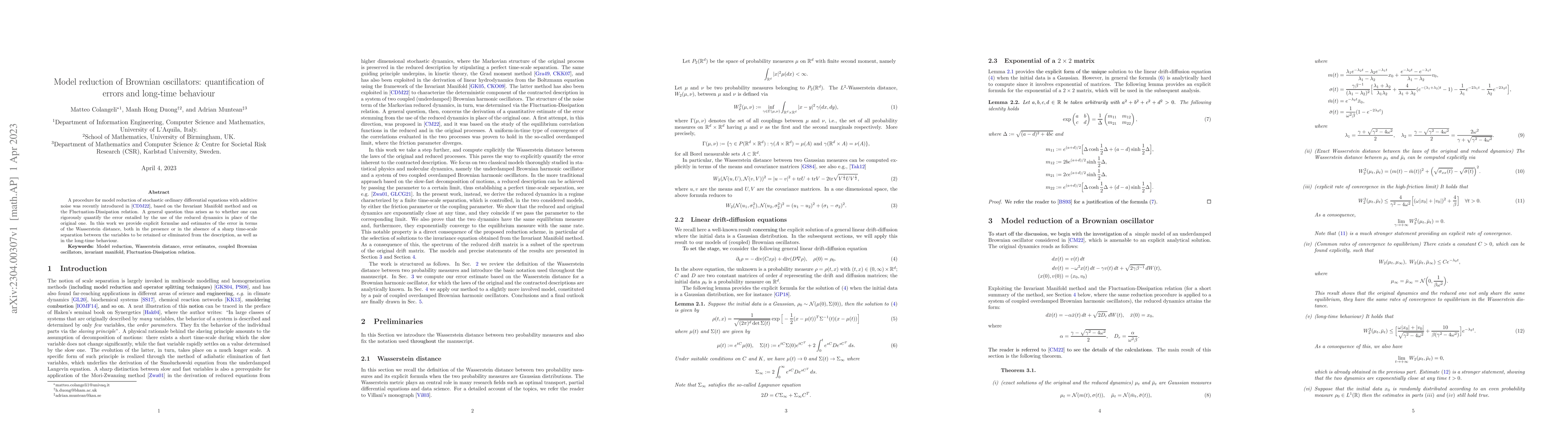 Thumbnail for Model reduction of Brownian oscillators: quantification of errors and
  long-time behaviour