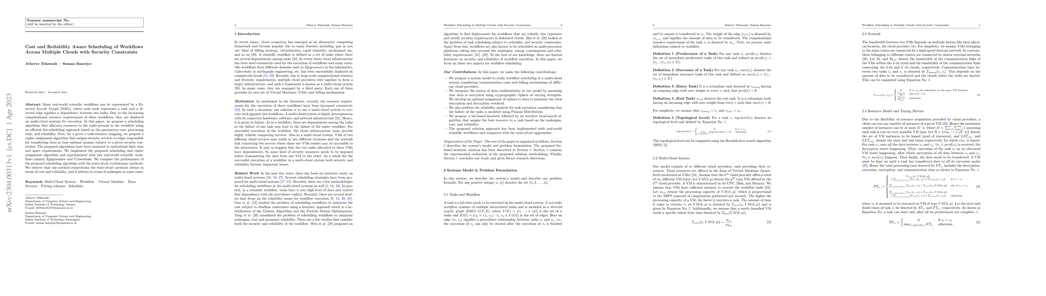 Thumbnail for Cost and Reliability Aware Scheduling of Workflows Across Multiple
  Clouds with Security Constraints