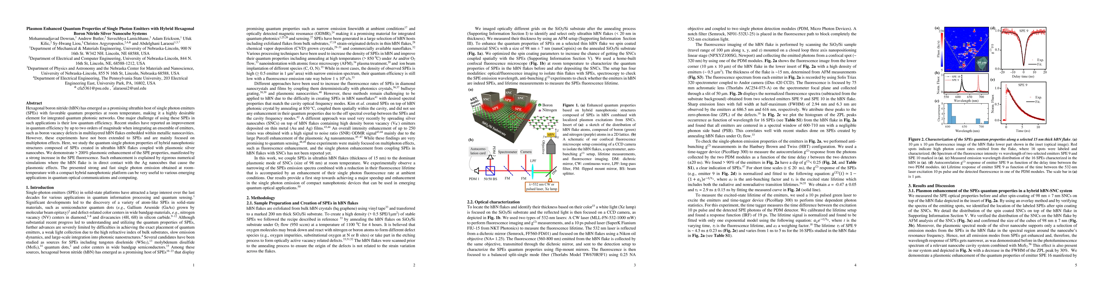 Thumbnail for Plasmon Enhanced Quantum Properties of Single Photon Emitters with
  Hybrid Hexagonal Boron Nitride Silver Nanocube Systems