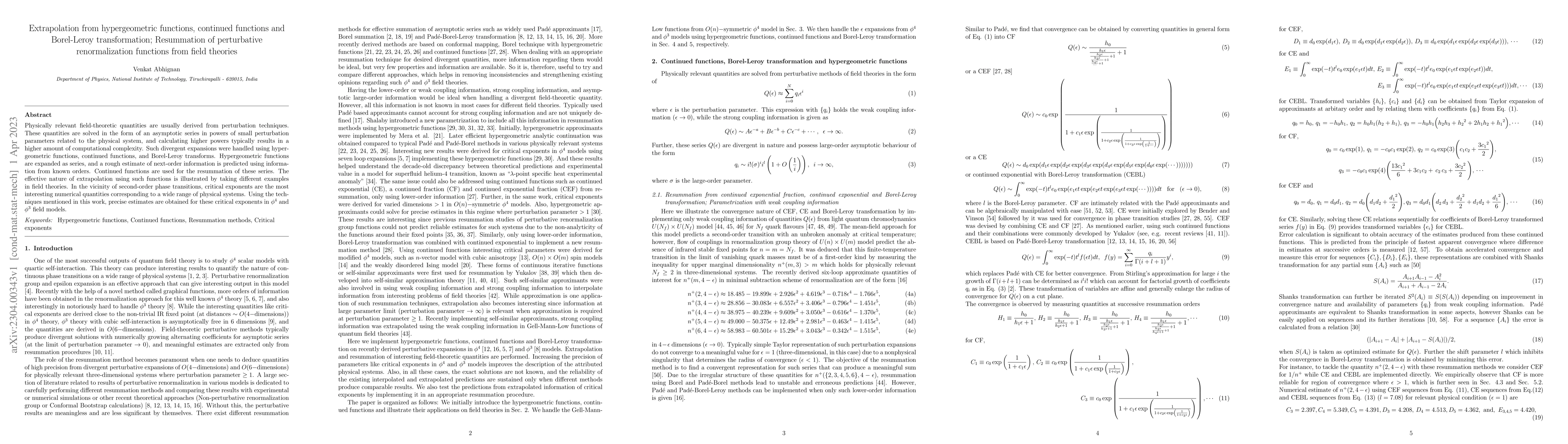 Thumbnail for Extrapolation from hypergeometric functions, continued functions and
  Borel-Leroy transformation; Resummation of perturbative renormalization
  functions from field theories