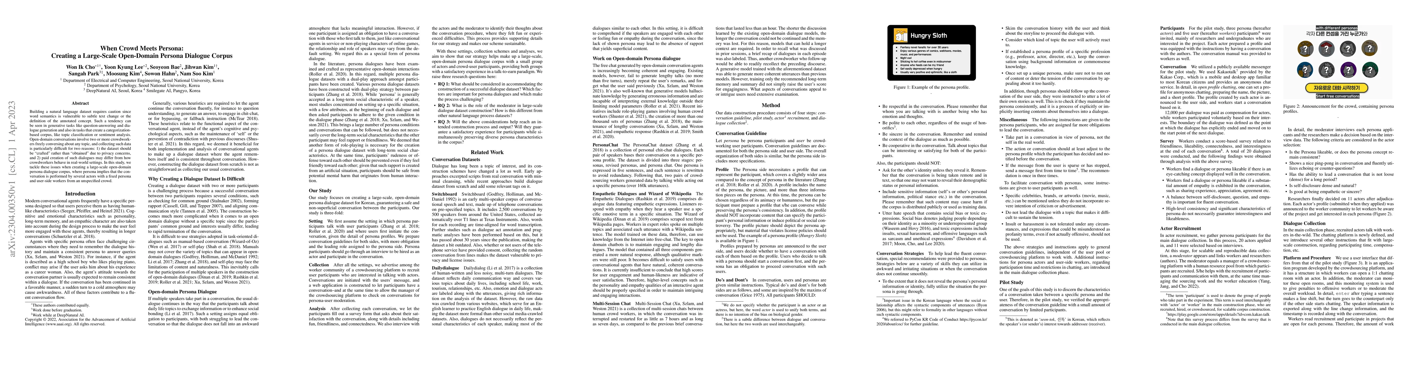 Thumbnail for When Crowd Meets Persona: Creating a Large-Scale Open-Domain Persona
  Dialogue Corpus