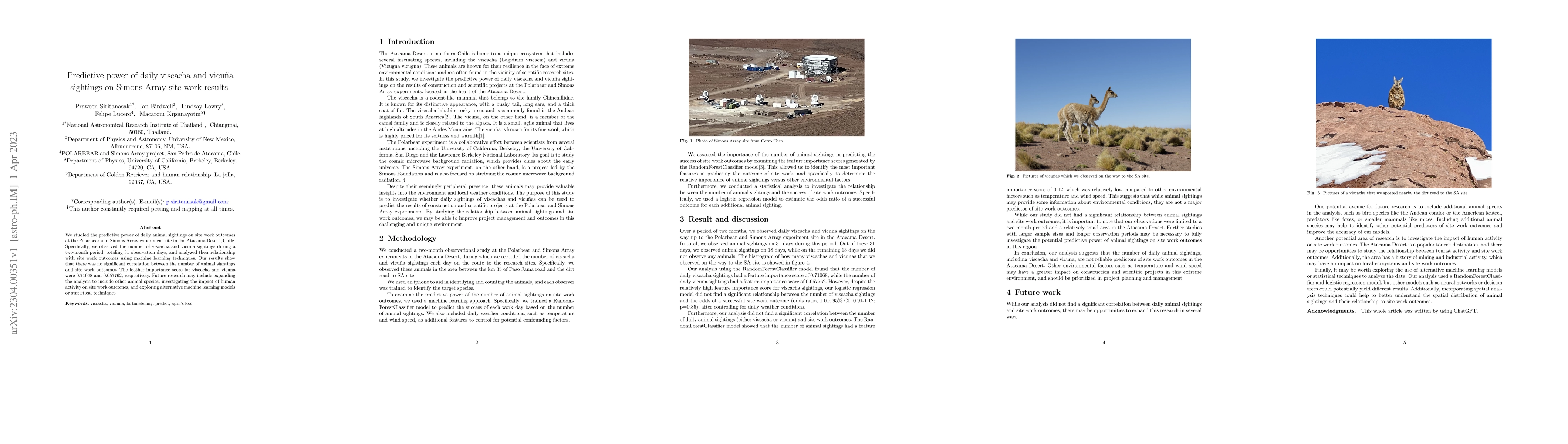 Thumbnail for Predictive power of daily viscacha and vicu\~na sightings on Simons
  Array site work results