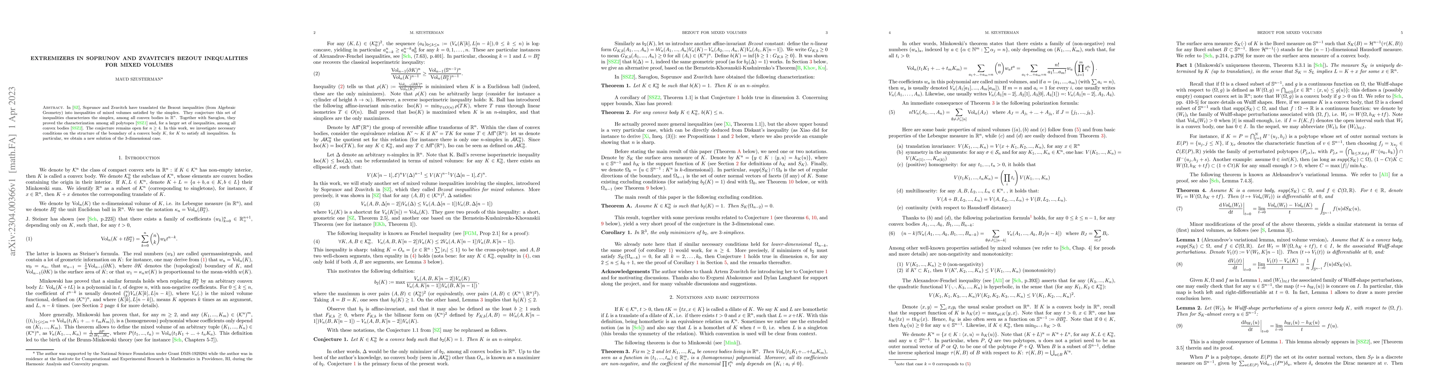 Thumbnail for Extemizers in Soprunov and Zvavitch's Bezout inequalities for mixed
  volumes