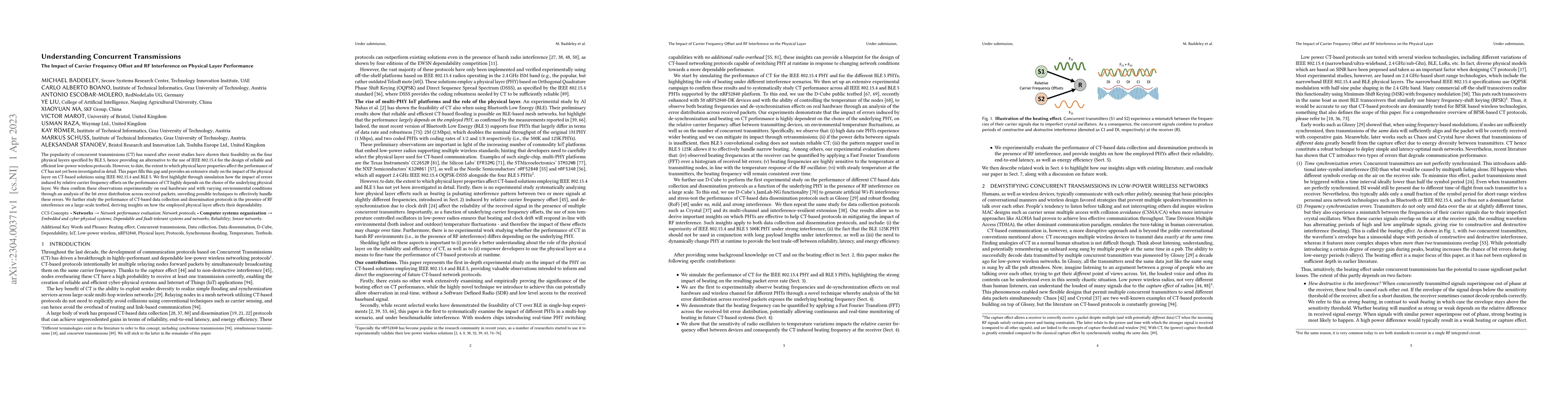 Thumbnail for Understanding Concurrent Transmissions: The Impact of Carrier Frequency
  Offset and RF Interference on Physical Layer Performance