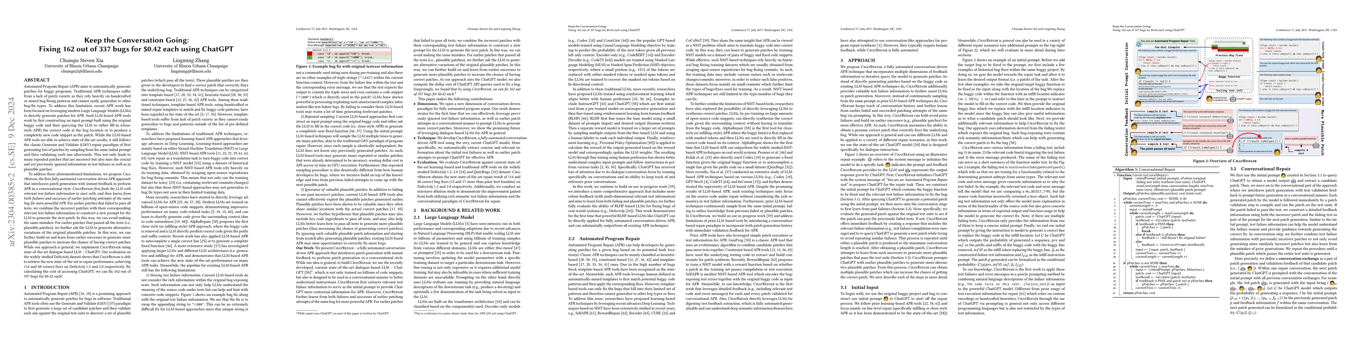 Thumbnail for Keep the Conversation Going: Fixing 162 out of 337 bugs for $0.42 each
  using ChatGPT