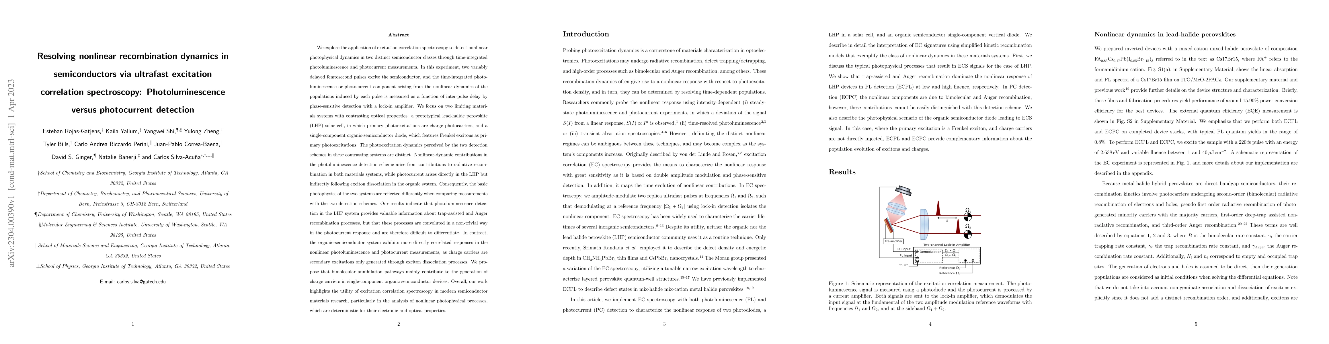 Thumbnail for Resolving nonlinear recombination dynamics in semiconductors via
  ultrafast excitation correlation spectroscopy: Photoluminescence versus
  photocurrent detection