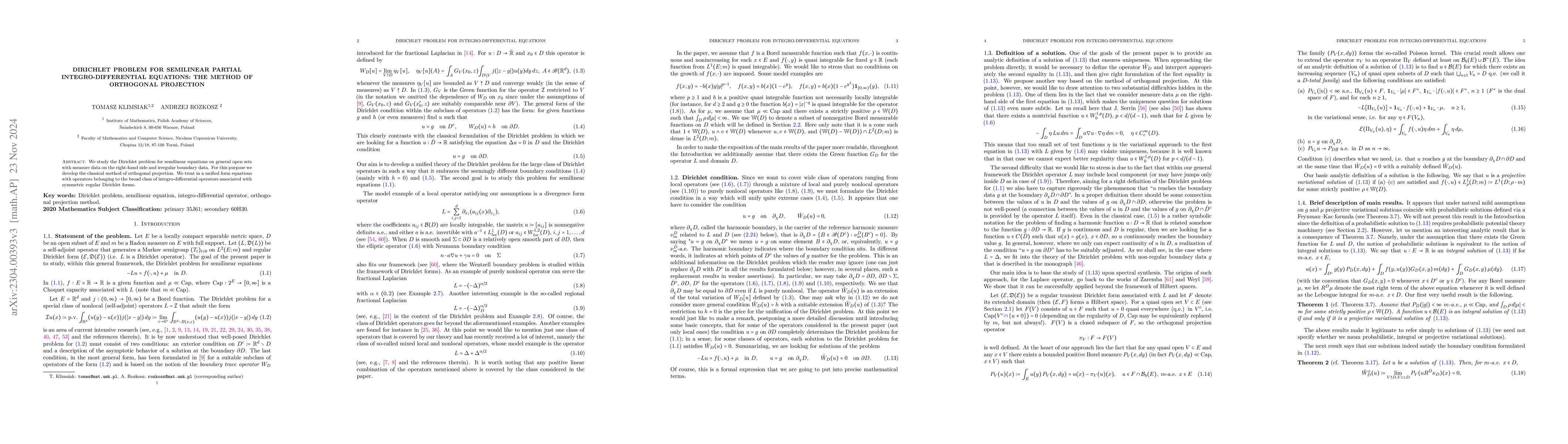 Thumbnail for Dirichlet problem for semilinear partial integro-differential equations:
  the method of orthogonal projection
