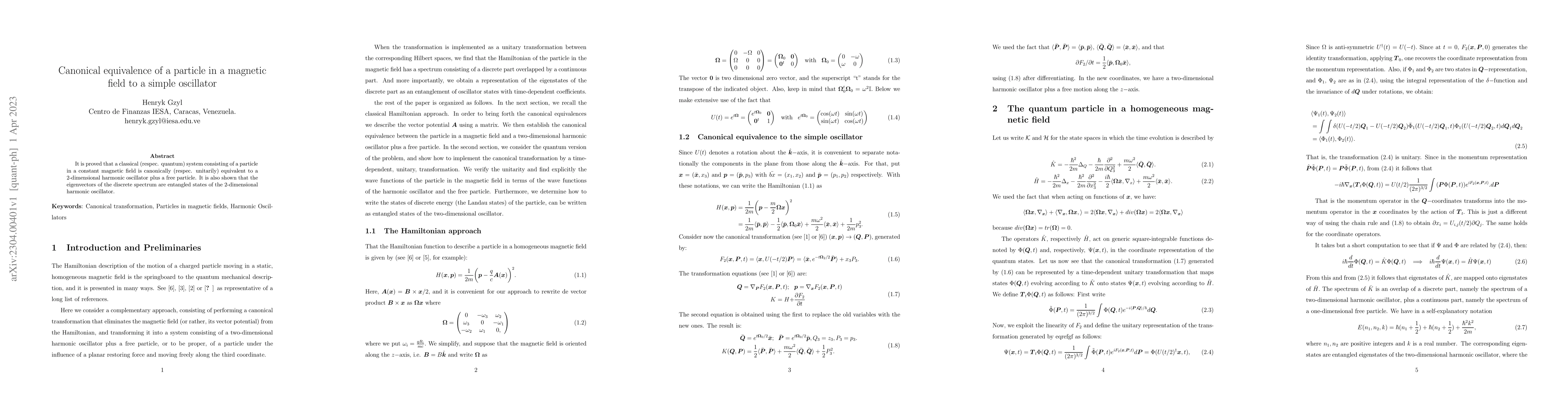 Thumbnail for Canonical equivalence of a particle in a magnetic field to a simple
  oscillator