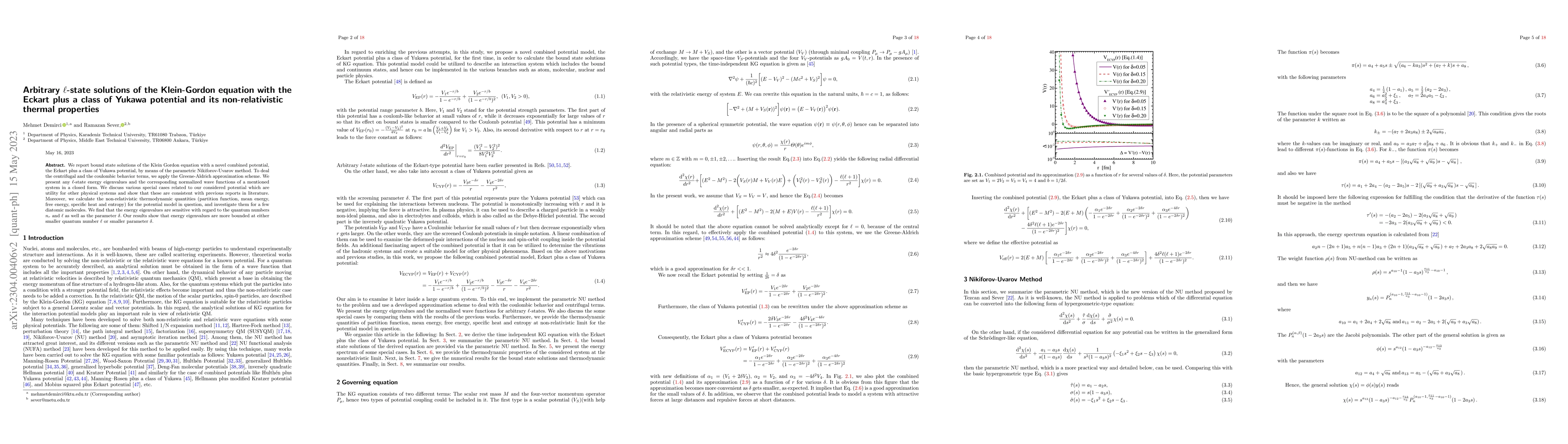 Thumbnail for Arbitrary $\ell$-state solutions of the Klein-Gordon equation with the
  Eckart plus a class of Yukawa potential and its non-relativistic thermal
  properties