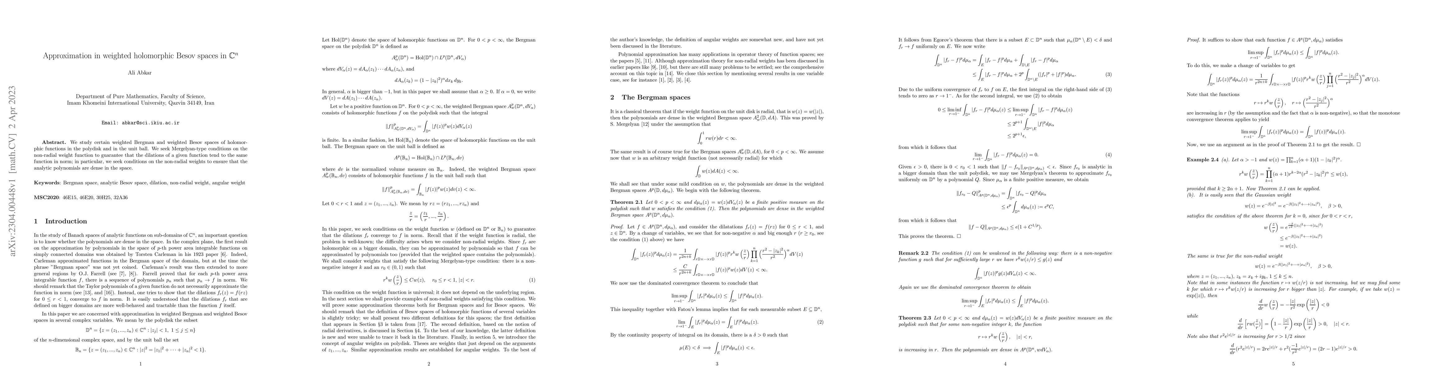 Thumbnail for Approximation in weighted holomorphic Besov spaces in C^n
