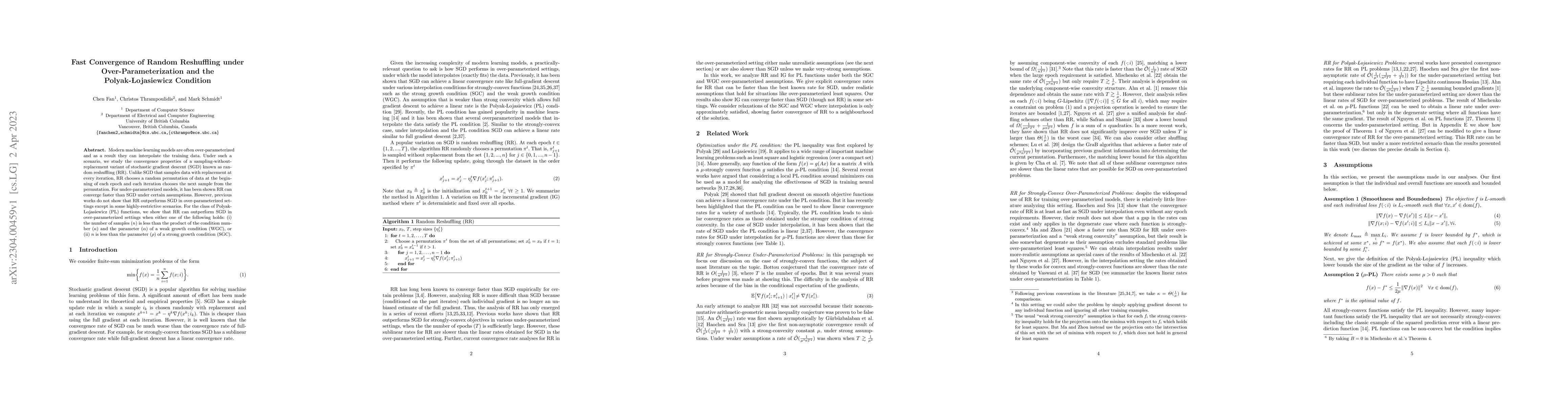 Thumbnail for Fast Convergence of Random Reshuffling under Over-Parameterization and
  the Polyak-\L ojasiewicz Condition