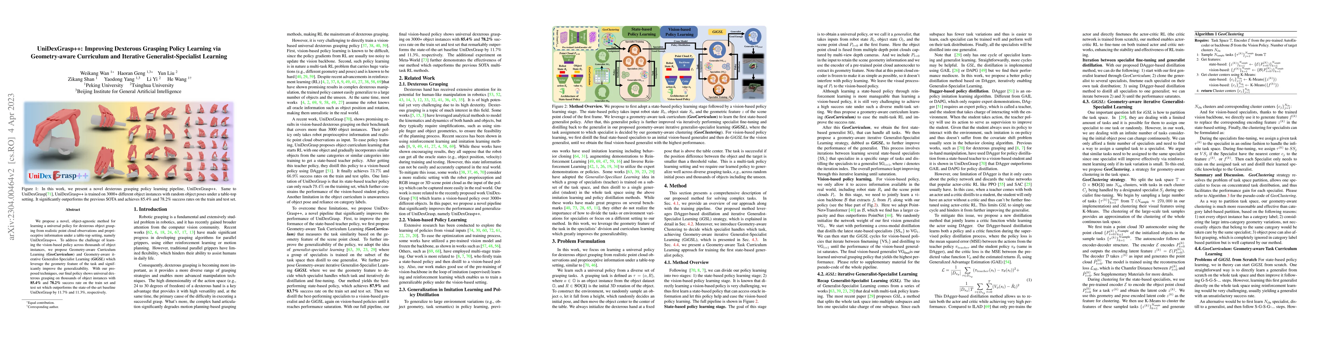Thumbnail for UniDexGrasp++: Improving Dexterous Grasping Policy Learning via
  Geometry-aware Curriculum and Iterative Generalist-Specialist Learning