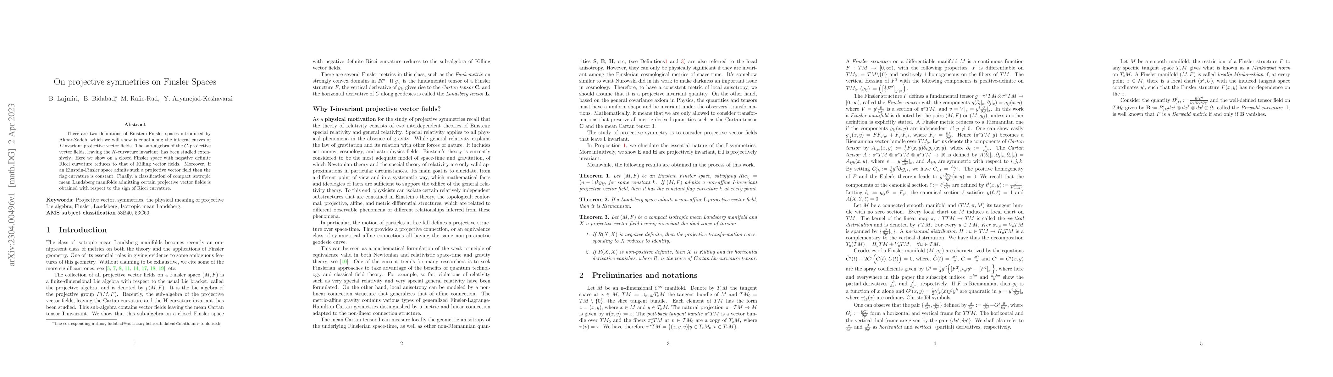 Thumbnail for On projective symmetries on Finsler Spaces