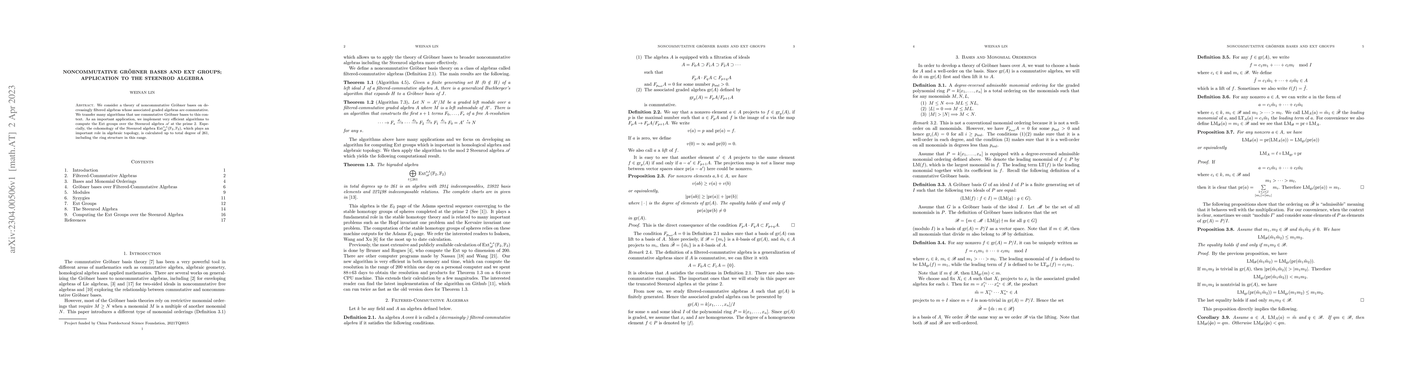 Thumbnail for Noncommutative Gr\"obner Bases and Ext groups; Application to the
  Steenrod Algebra