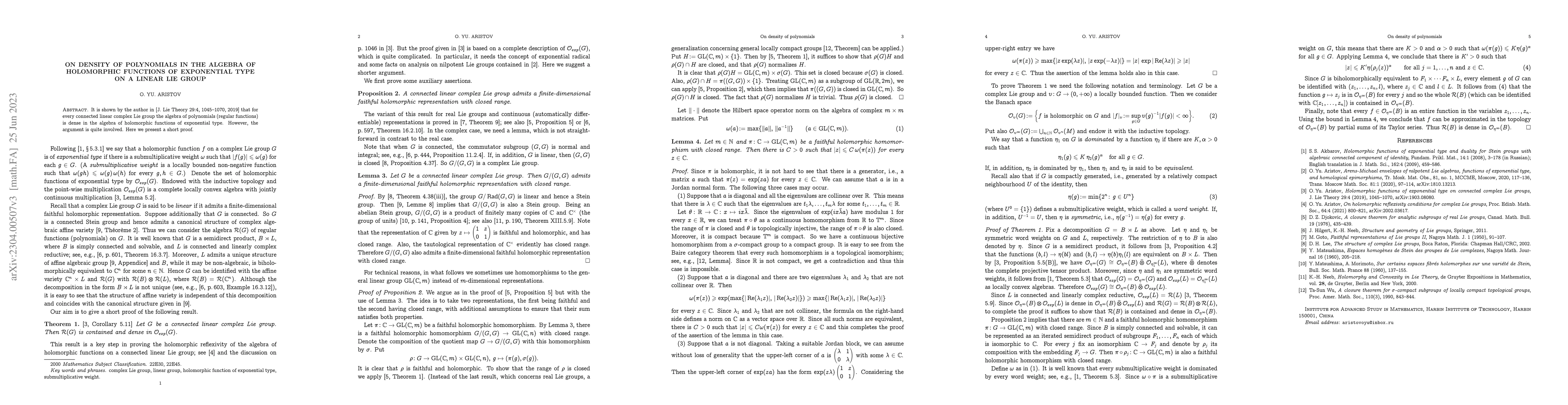 Thumbnail for On density of polynomials in the algebra of holomorphic functions of
  exponential type on a linear Lie group