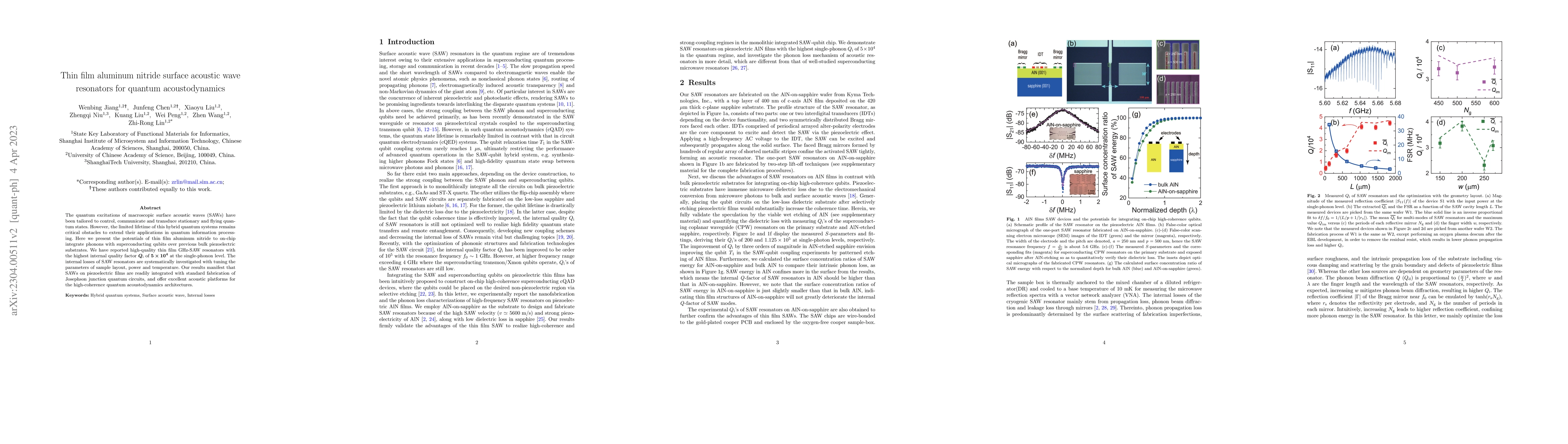 Thumbnail for Thin film aluminum nitride surface acoustic wave resonators for quantum
  acoustodynamics