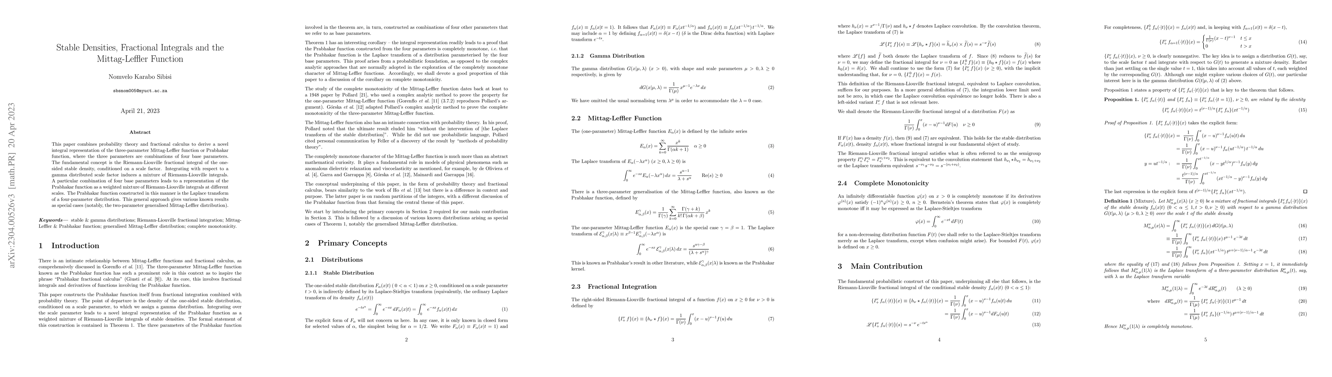Thumbnail for Stable Densities, Fractional Integrals and the Mittag-Leffler Function